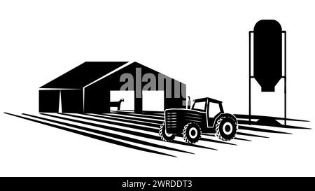 Silhouette scene from farm life with barn and tractor isolated on white background. Vector rural clipart. Stock Vector