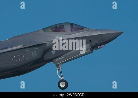 SINGAPORE - MARCH 6, 2024: USAF F-35A Lightning II stealth fighters of 356th Expeditionary Fighter Squadron (Green Demons) Stock Photo