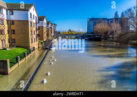 A view along the River Nene in the centre of Peterborough, UK on a bright sunny day Stock Photo