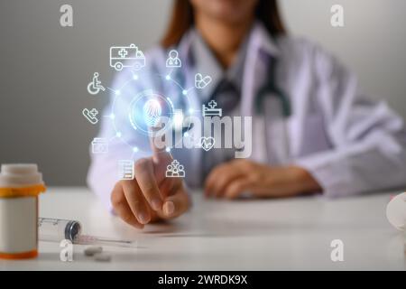 Doctor hand touching virtual screen with med healthcare icons. Medical innovative technology concept Stock Photo
