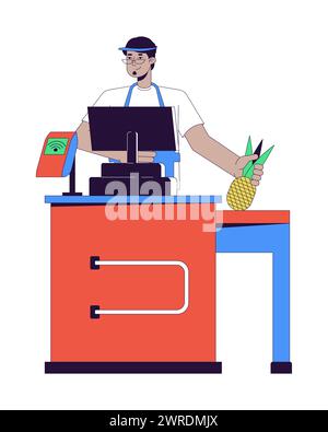 Arab male cashier supermarket checkout 2D linear cartoon character Stock Vector
