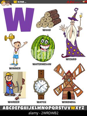 Cartoon illustration of objects and characters set for letter W Stock Vector