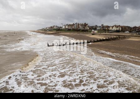 View of Southwold beach off season on a windy winters' day. Suffolk. UK Stock Photo