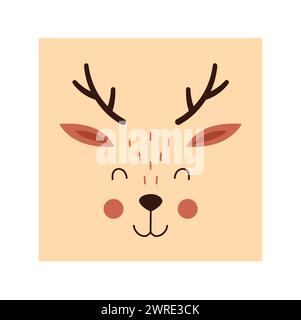Simple deer portrait. Cute animal head portrait, kawaii deer face flat illustration Stock Vector