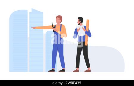 male builder constructor with woman engineer and building vector ...