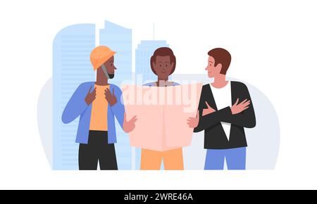 Architects and constructors team. Building project workers, industrial employees flat vector illustration Stock Vector
