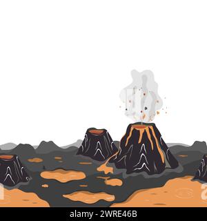 Prehistoric landscape with volcanoes, smoke, and lava lakes. Horizontal border. Seamless vector pattern Stock Vector