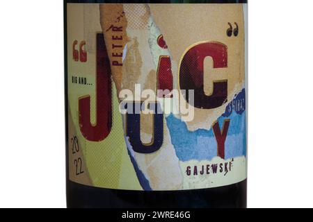 label on magnum bottle of Peter Juicy Gajewski red wine product of Australia, Australian  - Juicy's Shiraz 2022 Stock Photo