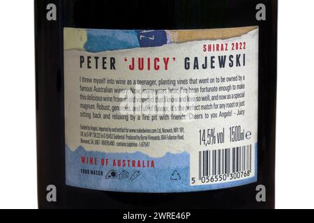 label on magnum bottle of Peter Juicy Gajewski red wine product of Australia, Australian  - Juicy's Shiraz 2022 Stock Photo