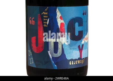 label on Peter Juicy Gajewski bottle of red wine product of Australia, Australian  - Juicy's Assemblage 2022 Syrah Shiraz Blend Stock Photo