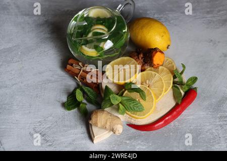 Lemons and mint leaves. Still life with organic fruit. Eating healthy concept. Natural antioxidants. Stock Photo