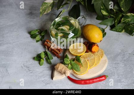 Lemons and mint leaves. Still life with organic fruit. Eating healthy concept. Natural antioxidants. Stock Photo