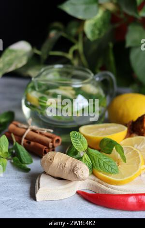 Lemons and mint leaves. Still life with organic fruit. Eating healthy concept. Natural antioxidants. Stock Photo