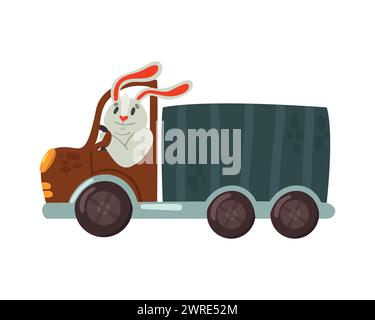 Rabbit driving a truck. Animal using transport, funny wild driver flat vector illustration Stock Vector