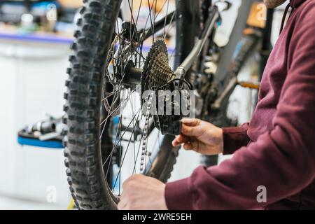 Close-up of the mechanic's hands on the wheel of a mountain bike, with focus centered on the chain and the rear derailleur Stock Photo