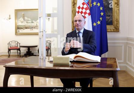 Zagreb, Croatia. 12th Mar, 2024. 12.03.2024., Zagreb - Banski dvori. Predsjednik Vlade Andrej Plenkovic primio je autora izvjesca o buducnosti zajednickog trzista i bivseg predsjednika talijanske Vlade Enrica Lettu. Credit: Pixsell/Alamy Live News Stock Photo