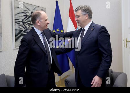 Zagreb, Croatia. 12th Mar, 2024. 12.03.2024., Zagreb - Banski dvori. Predsjednik Vlade Andrej Plenkovic primio je autora izvjesca o buducnosti zajednickog trzista i bivseg predsjednika talijanske Vlade Enrica Lettu. Credit: Pixsell/Alamy Live News Stock Photo