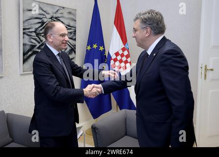 Zagreb, Croatia. 12th Mar, 2024. 12.03.2024., Zagreb - Banski dvori. Predsjednik Vlade Andrej Plenkovic primio je autora izvjesca o buducnosti zajednickog trzista i bivseg predsjednika talijanske Vlade Enrica Lettu. Credit: Pixsell/Alamy Live News Stock Photo