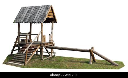 Homemade children's wooden playground made of logs. Isolated on white Stock Photo