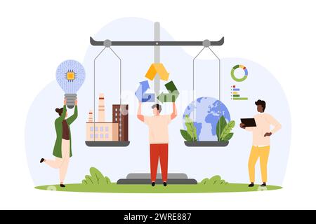 Neutral balance between net zero emissions and carbon dioxide pollution from factory chimneys. Tiny people with recycle symbol, light bulb and scales plan eco strategy cartoon vector illustration Stock Vector