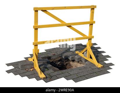A wooden barrier marks a hole in the road surface. Isolated on white Stock Photo