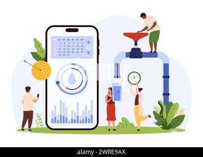 Drink water and hydration mobile app for phone. Tiny people using reminder software, smart application with calendar and graphs, pouring water from tap to stay hydrated cartoon vector illustration Stock Vector