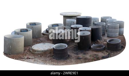 New  concrete rings for wells and sewer.  Isolated on white Stock Photo