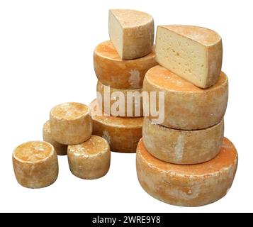 Twelve heads of old aged elite cheese. Isolated on white Stock Photo