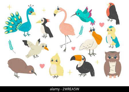 set of different birds, a childish illustration, with names. spring, exotic birds. Stock Vector