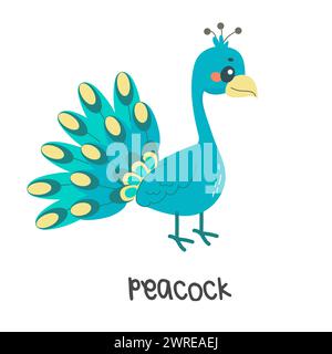 Children's illustration, cute peacock, with inscription. vector illustration for teaching children, t-shirt Stock Vector
