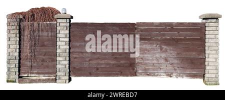 Old aged ence made of bricks and boards. Isolated on white Stock Photo