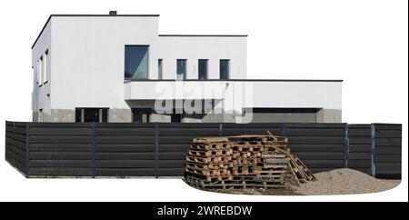 Unfinished building of a white stone  rural house. Isolated on white Stock Photo