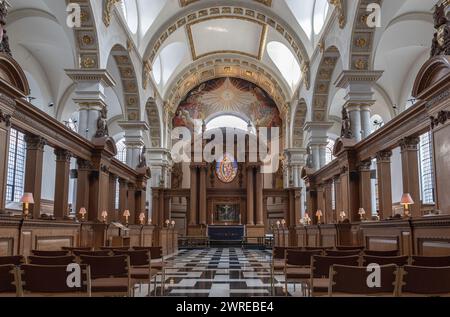 London, UK - Feb 27, 2024 - Interior view of St Bride's Church. The Cathedral of Fleet St, Space for text, Selective focus. Stock Photo