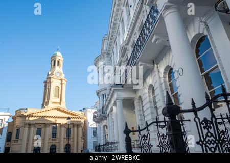 Upmarket white stucco residential buildings in Notting Hill area of central west London Stock Photo