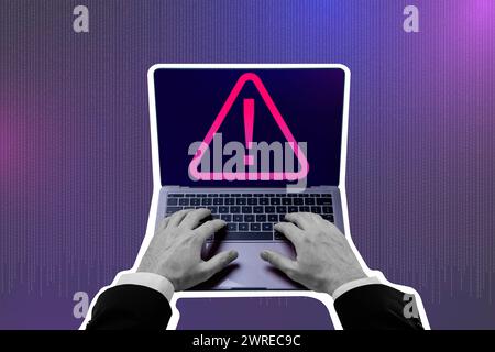 Composite 3D photo collage trend of black white silhouette hacker man hands on laptop search security information personal data alarm Stock Photo