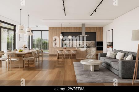 Interior of modern kitchen with large windows and dining table Stock ...