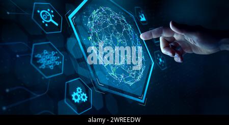 Big data analytics automated with AI technology. Person touching screen with machine learning and deep learning neural network for data science, data Stock Photo
