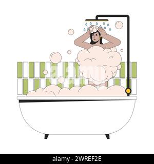 South asian woman showering in bathtub 2D linear cartoon character Stock Vector