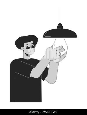 Energy efficient lightbulb installing black and white cartoon flat illustration Stock Vector