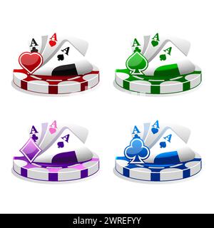 Set of icons for casino or slots. Four colors and symbols poker cards. Stock Vector