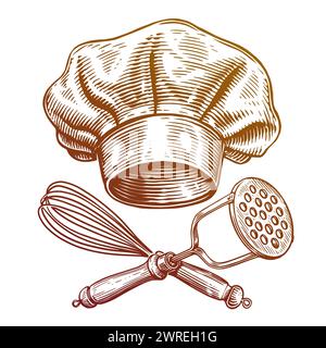 Chef hat and crossed kitchen tools. Food concept, bakeshop bakery emblem. Hand drawn sketch vintage vector illustration Stock Vector