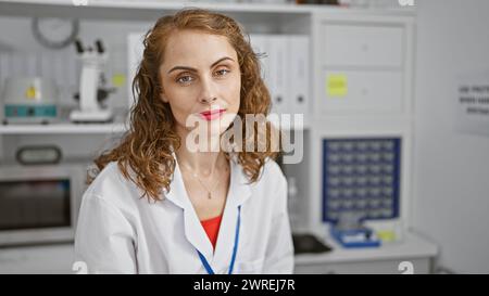 Focused young woman scientist diligently working on her research sitting in the medical laboratory, sporting her serious face as she peers into the mi Stock Photo