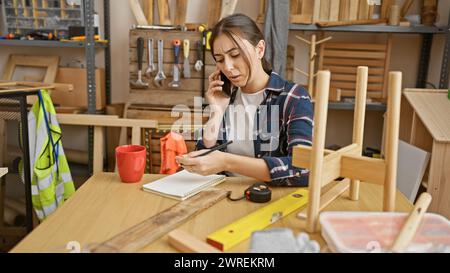 Hispanic woman multitasking in a carpentry workshop, talking on phone and taking notes. Stock Photo