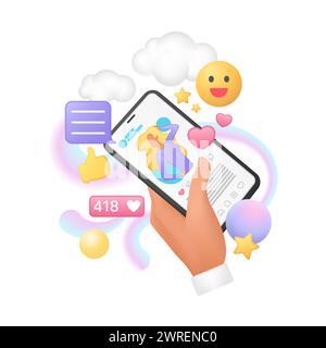 3D hand of man touching social media mobile app on phone screen to like and comment blog post vector illustration Stock Vector