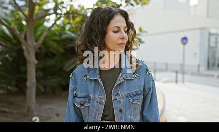 A thoughtful mature hispanic woman with curly hair wearing a denim jacket stands outdoors in an urban park. Stock Photo