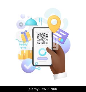 3D hand of man holding phone to scan QR code, buy and order food in restaurant vector illustration Stock Vector