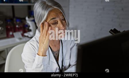 Middle age grey-haired lady scientist, focused face illuminated by the computer’s glow, diligently working on breakthrough research in a quiet, dimly Stock Photo