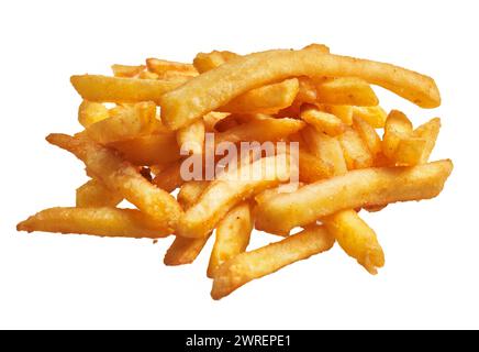 Close-up image of golden french fries isolated on a white background, perfectly fried and salted. Stock Photo