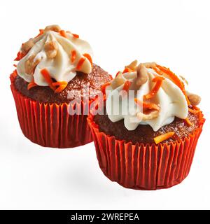 Two frosted carrot cupcakes with walnuts isolated on a white background Stock Photo