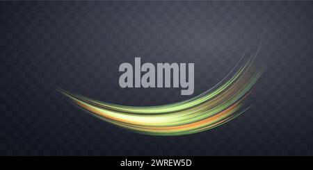 Glowing green and orange lines. Neon realistic energy speed. Abstract light effect on a dark transparent background. Vector illustration. Stock Vector